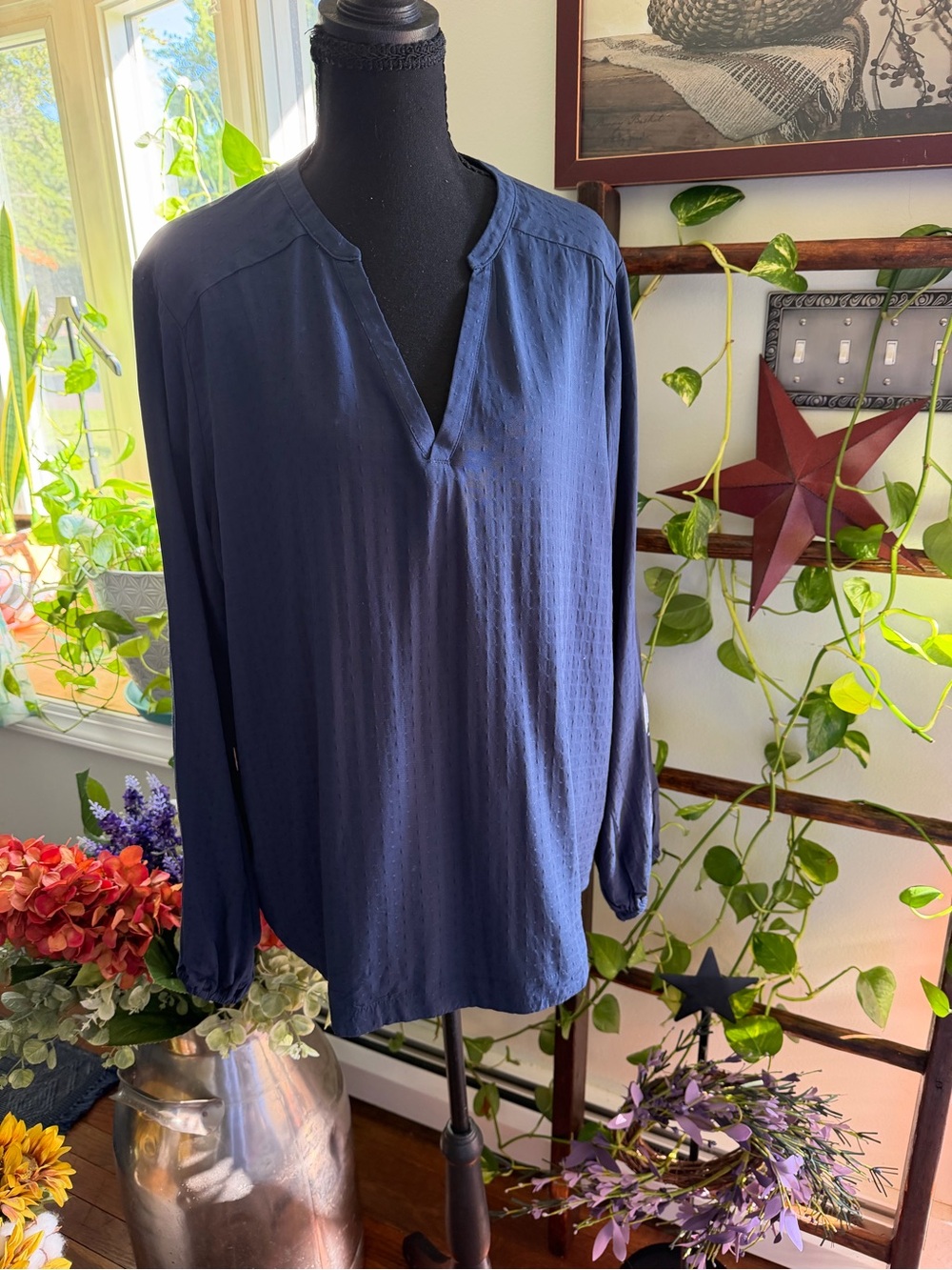 Weatherproof Navy Long-Sleeve Split V-Neck Blouse
